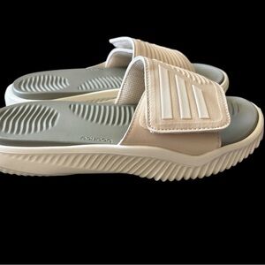 Beige and White Adidas Slides